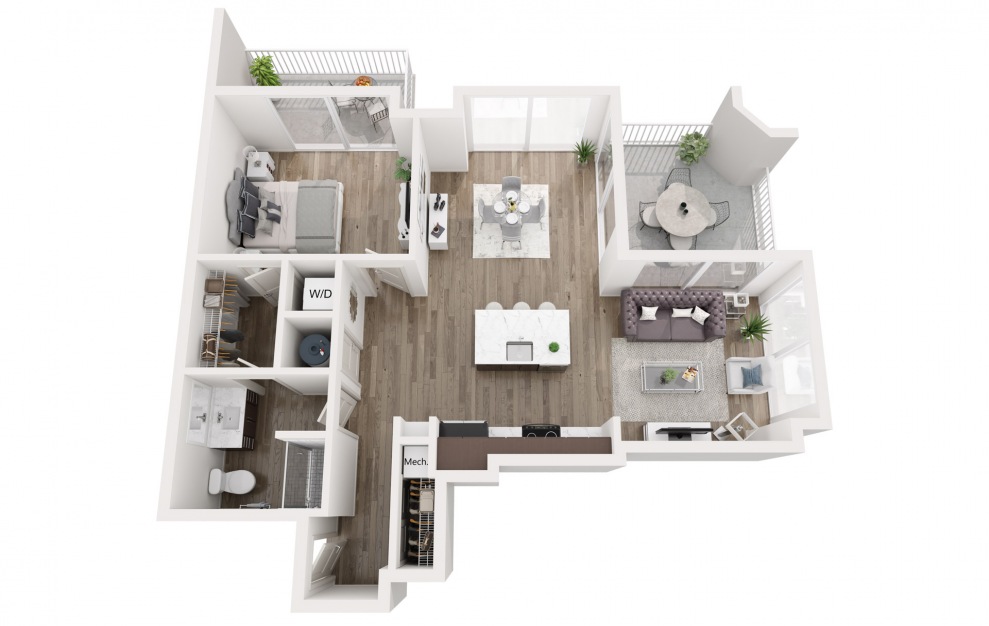 A8 East West - 1 bedroom floorplan layout with 1 bath and 858 square feet.