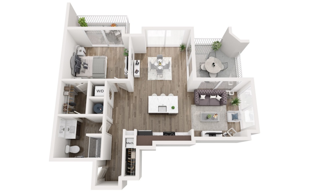 A8 East West - 1 bedroom floorplan layout with 1 bathroom and 858 square feet