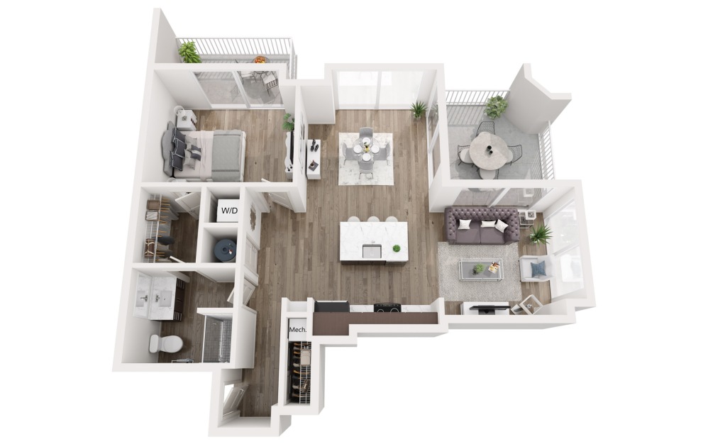 A9 East West - 1 bedroom floorplan layout with 1 bathroom and 885 square feet