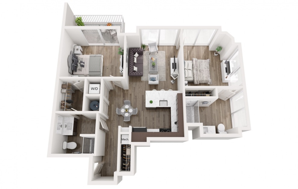 B1H - Accessible - 2 bedroom floorplan layout with 2 baths and 988 square feet.