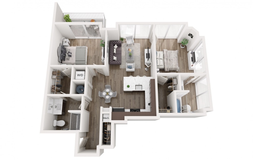 B1 East West - 2 bedroom floorplan layout with 2 baths and 988 square feet.