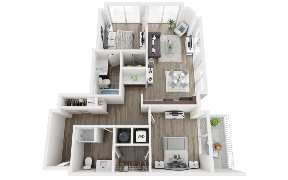 B2 East West - 2 bedroom floorplan layout with 2 bathrooms and 1016 square feet