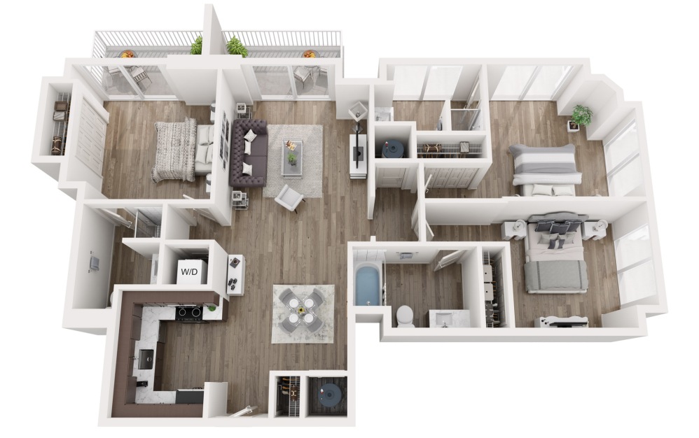 C2 East West - 3 bedroom floorplan layout with 3 bathrooms and 1357 square feet