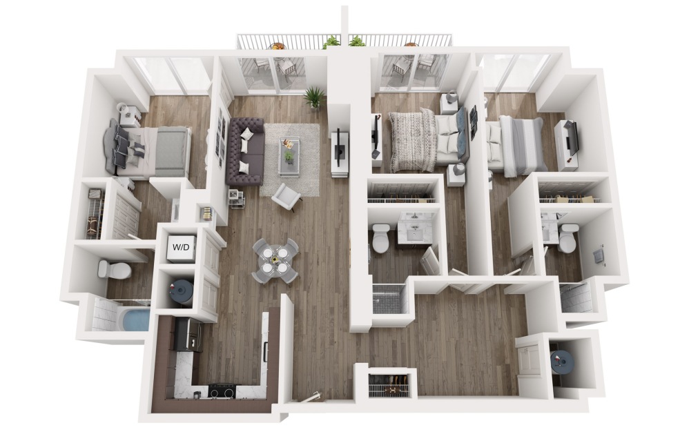 C3 - 3 bedroom floorplan layout with 3 bathrooms and 1379 square feet