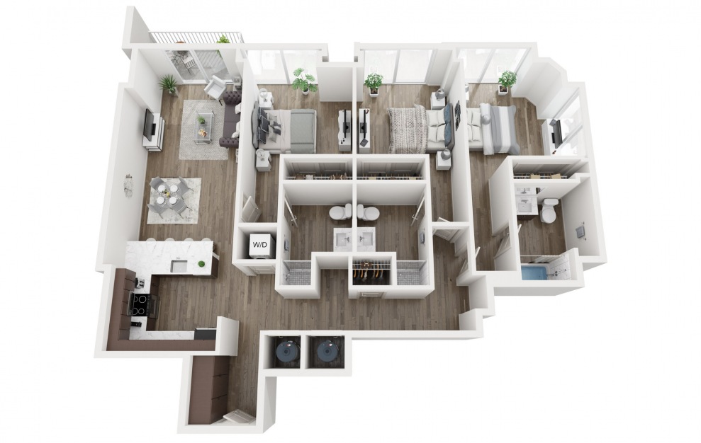C4 - 3 bedroom floorplan layout with 3 baths and 1412 square feet.
