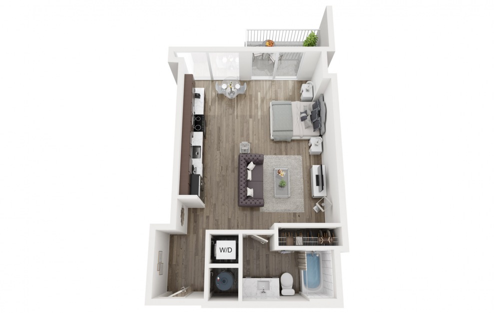 S1 - Studio floorplan layout with 1 bath and 577 square feet.