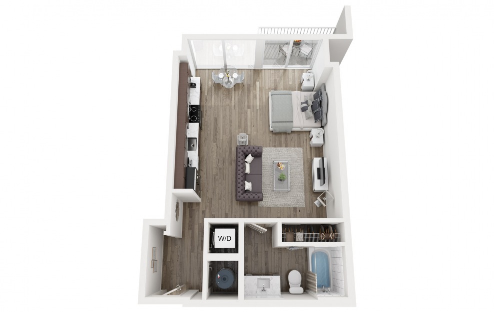 S2 - Studio floorplan layout with 1 bath and 617 square feet.