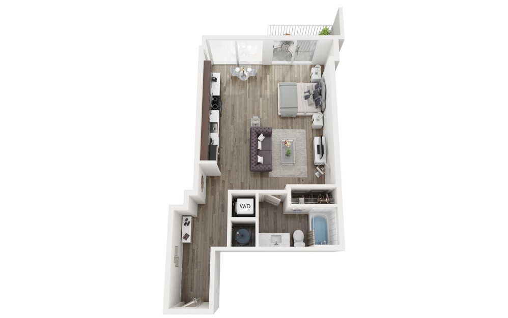 S3 - Studio floorplan layout with 1 bathroom and 621 square feet