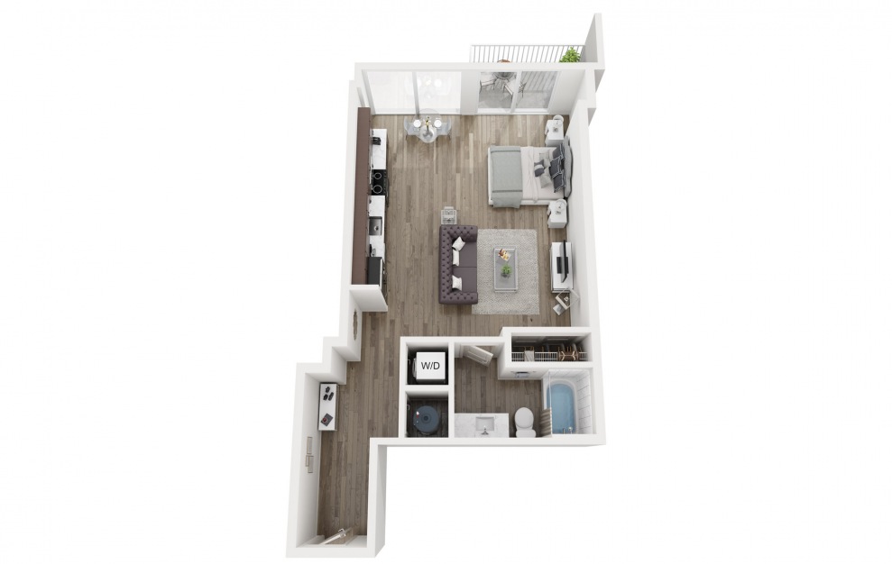 S3 - Studio floorplan layout with 1 bath and 621 square feet.